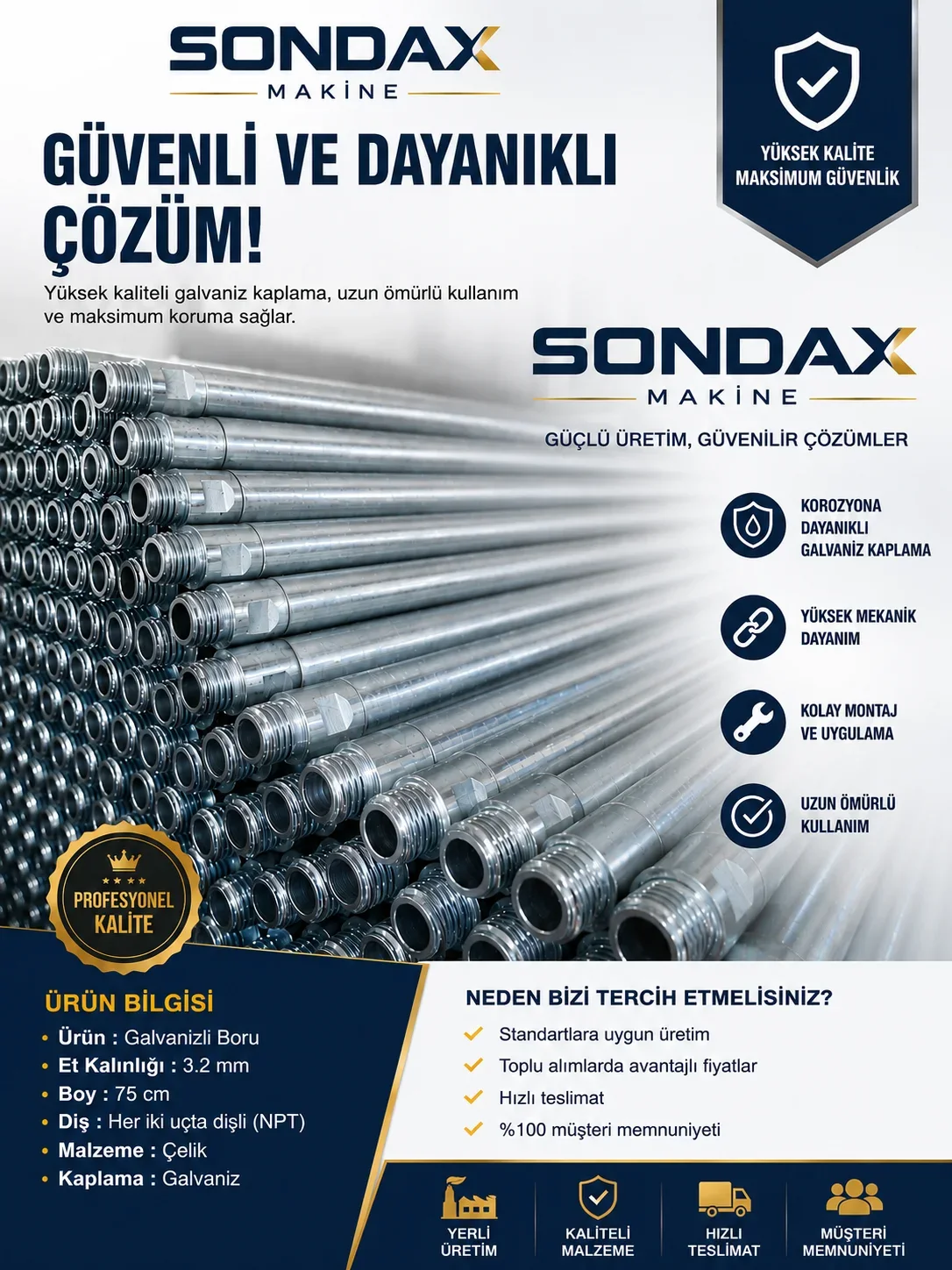 32MM TİJLİ BORU | GÜÇLÜ ve DAYANAKLI YAPISI İLE SONDAX MAKİNE
